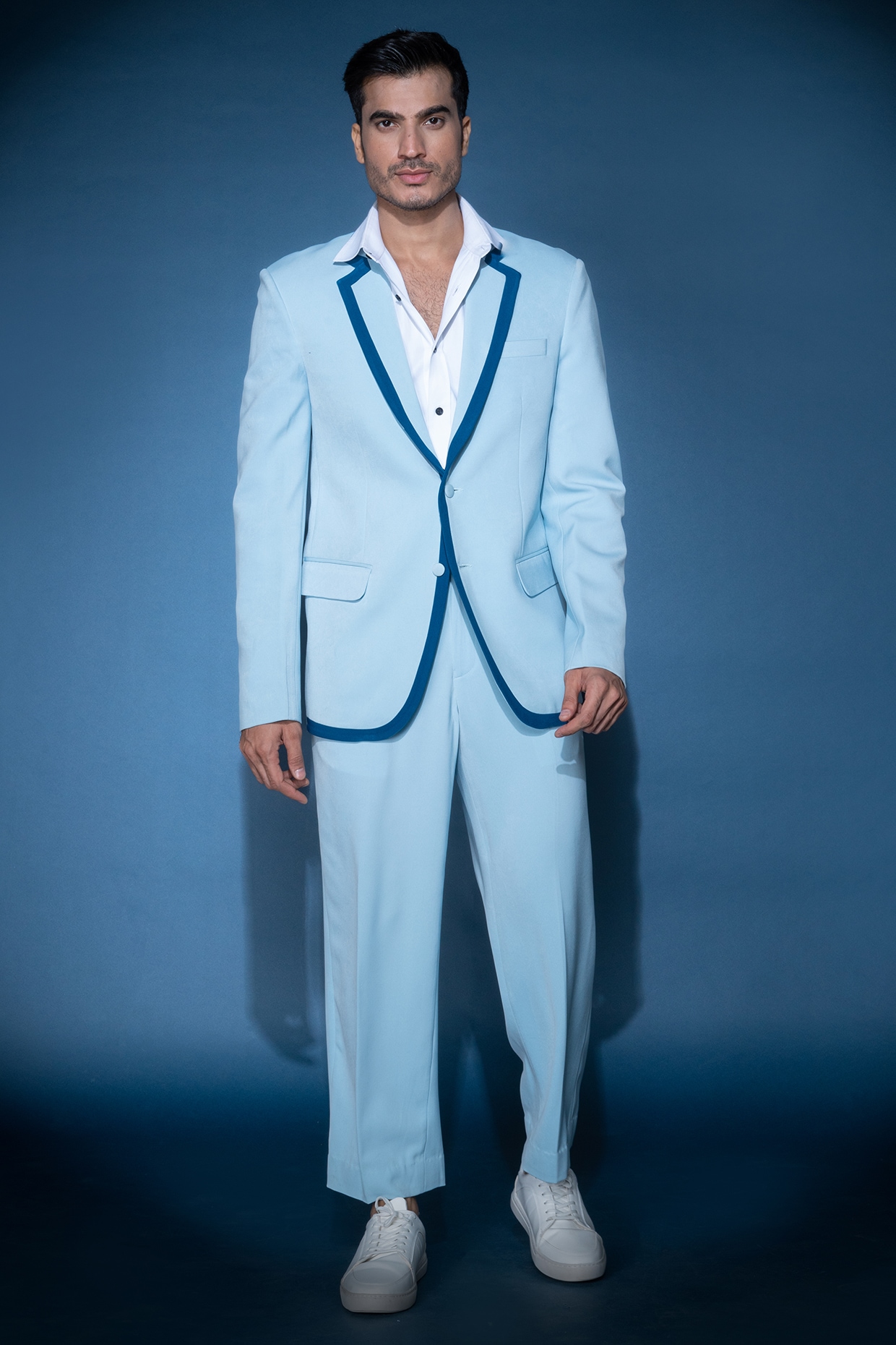 VAROIN MARWAH Blue Crepe Blazer Set