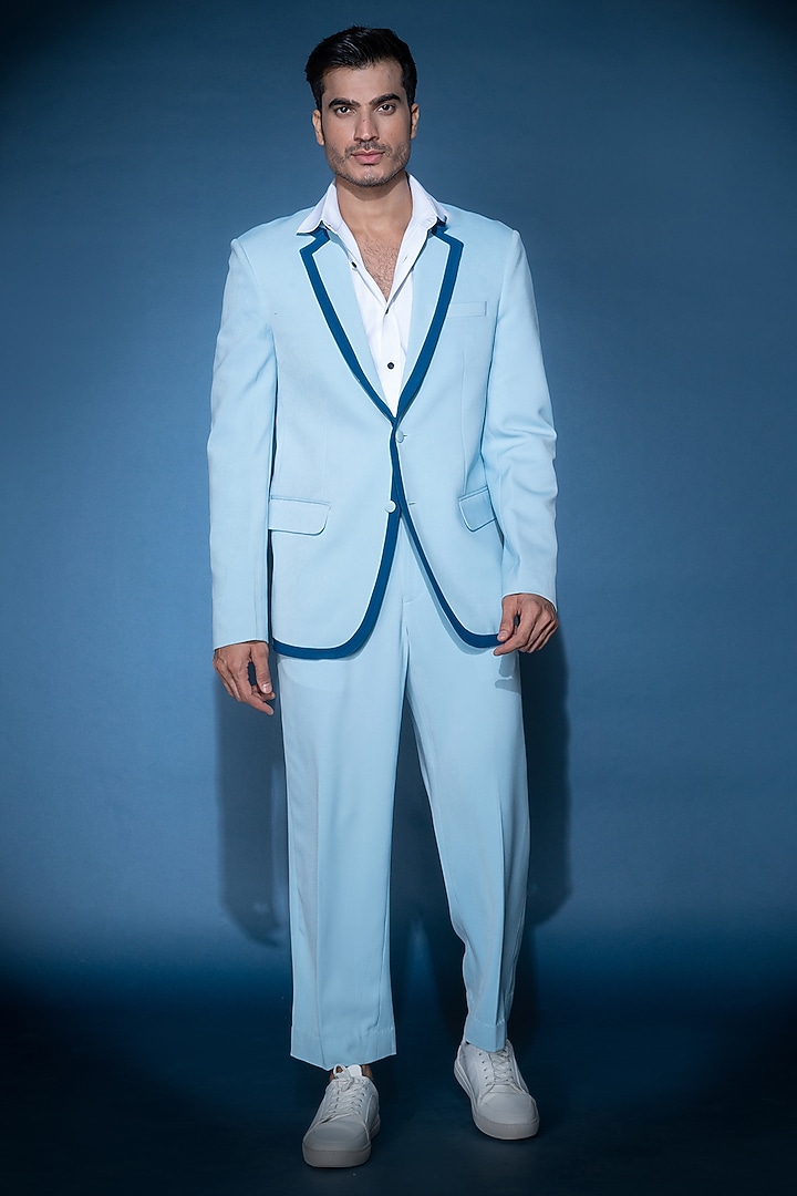 Blue Crepe Blazer Set by VAROIN MARWAH at Pernia's Pop Up Shop