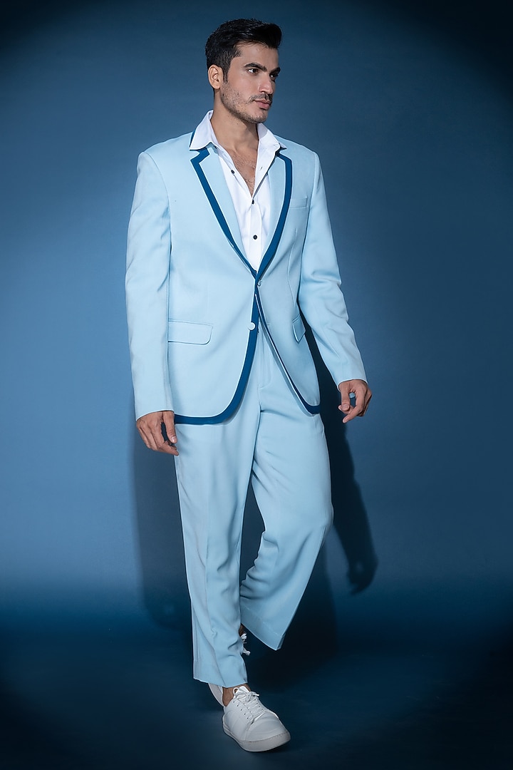 Blue Crepe Blazer Set by VAROIN MARWAH at Pernia's Pop Up Shop