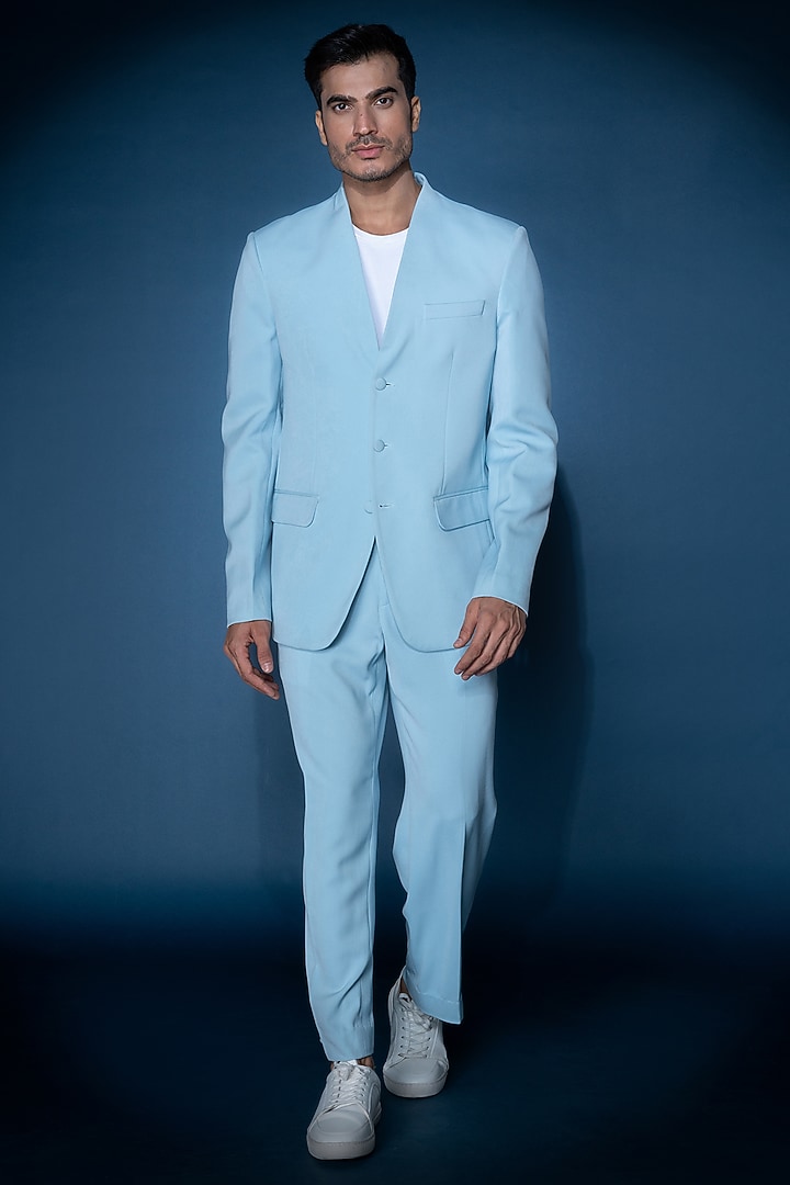 Blue Crepe Blazer Set by VAROIN MARWAH at Pernia's Pop Up Shop