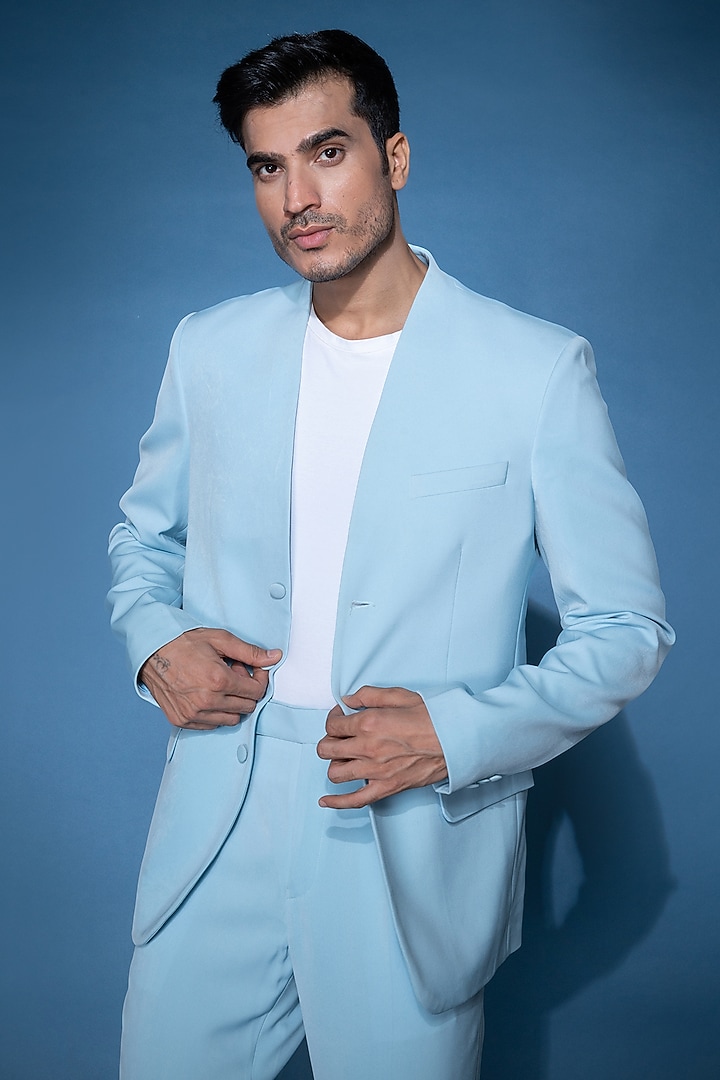 Blue Crepe Blazer Set by VAROIN MARWAH at Pernia's Pop Up Shop