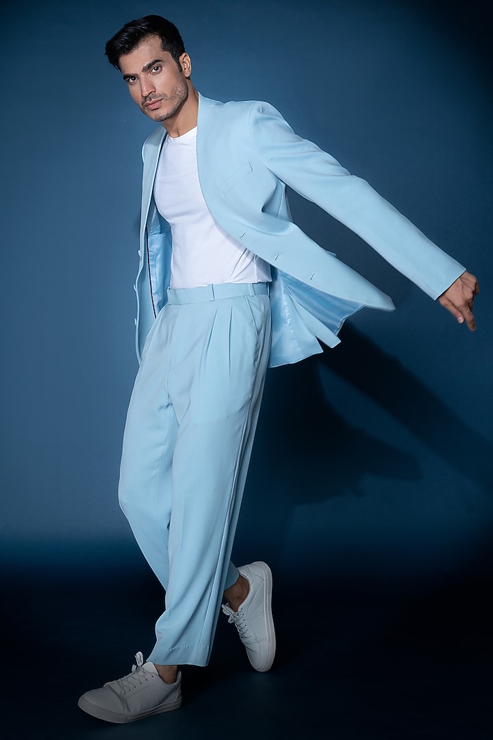 Blue Crepe Blazer Set by VAROIN MARWAH at Pernia's Pop Up Shop