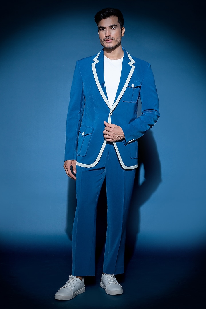 Indigo Blue Crepe Blazer Set by VAROIN MARWAH at Pernia's Pop Up Shop
