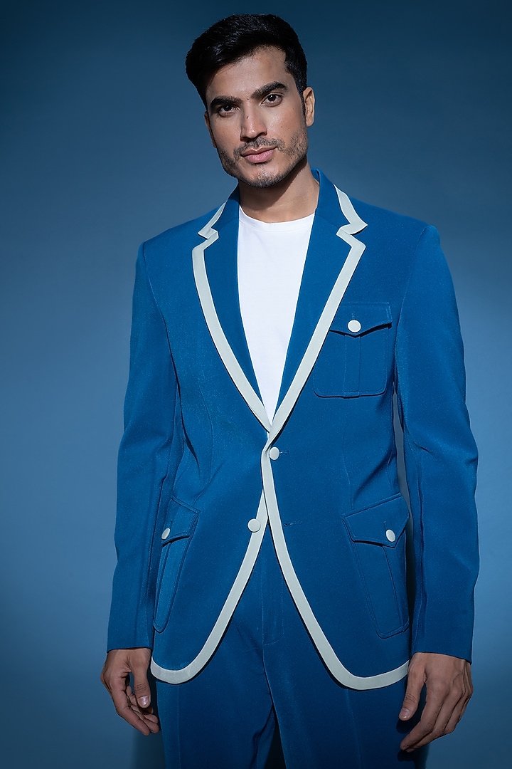 Indigo Blue Crepe Blazer Set by VAROIN MARWAH at Pernia's Pop Up Shop
