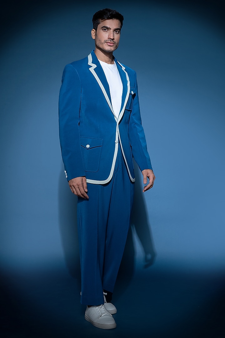 Indigo Blue Crepe Blazer Set by VAROIN MARWAH at Pernia's Pop Up Shop