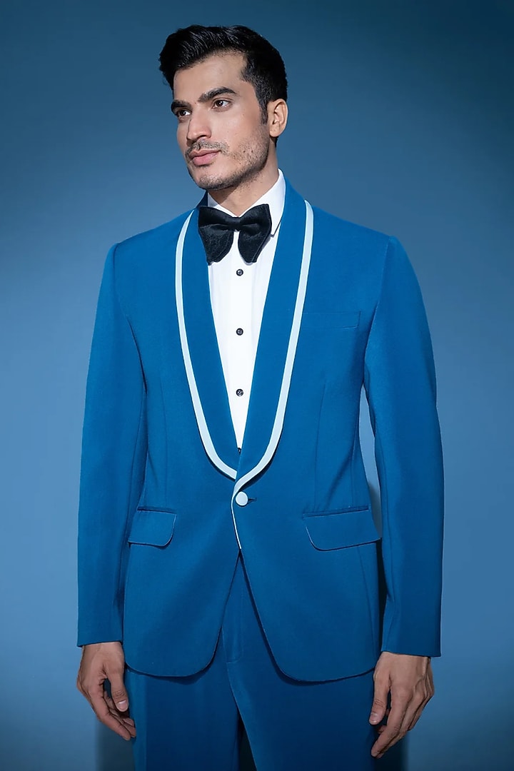 Blue Crepe Blazer by VAROIN MARWAH at Pernia's Pop Up Shop