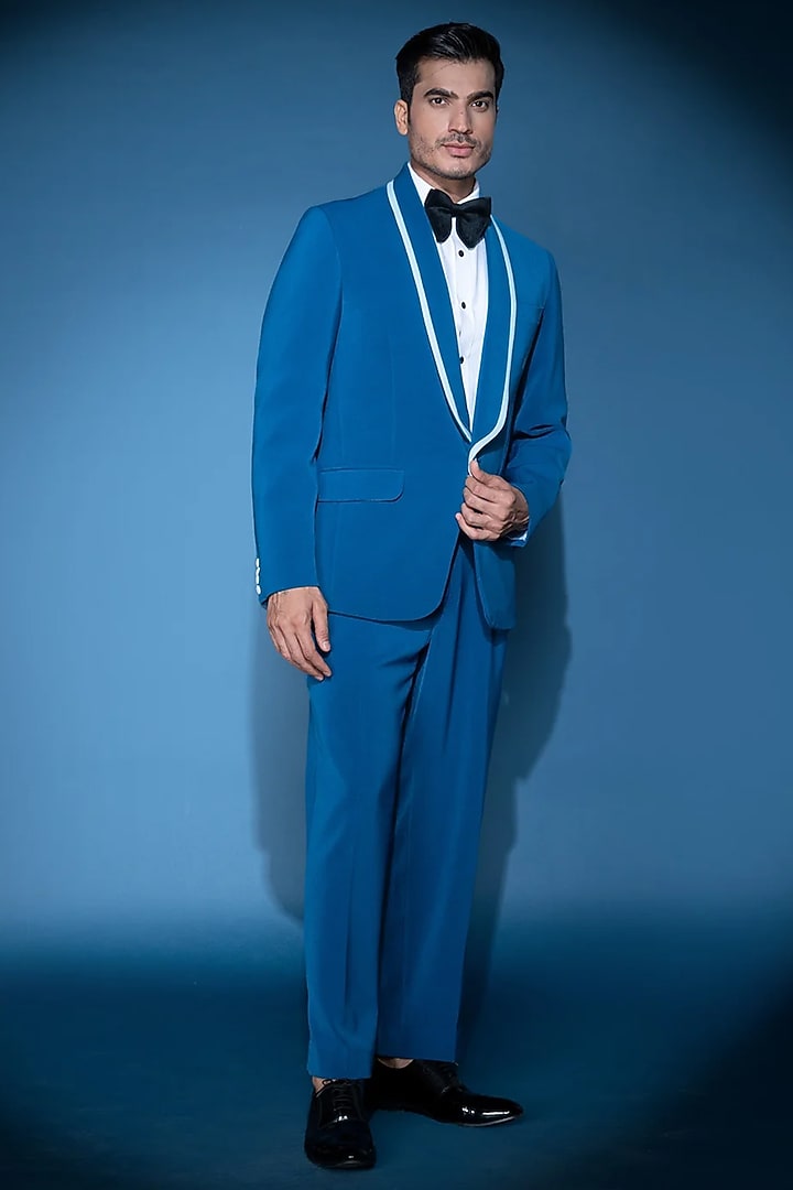 Blue Crepe Blazer by VAROIN MARWAH at Pernia's Pop Up Shop