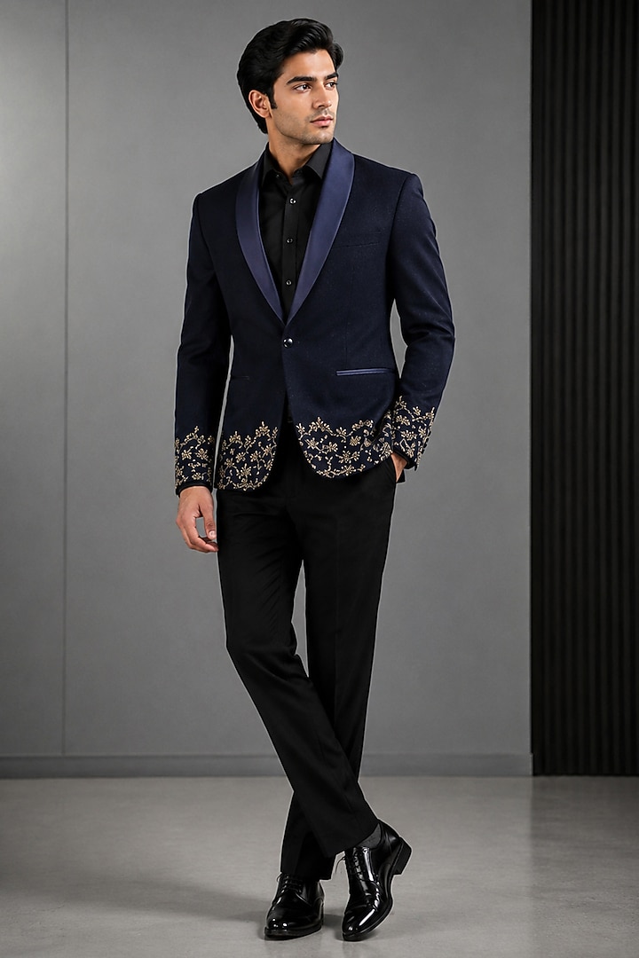 Dark Blue Suiting Embroidered Tuxedo Set by VAROIN MARWAH at Pernia's Pop Up Shop