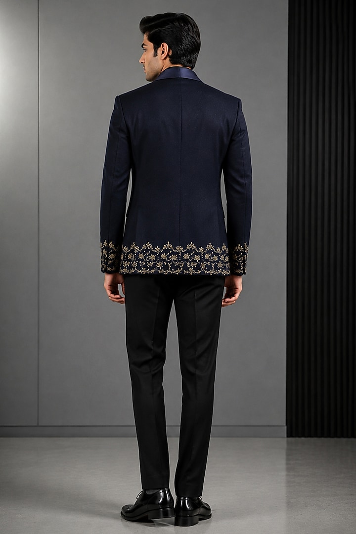 Dark Blue Suiting Embroidered Tuxedo Set by VAROIN MARWAH at Pernia's Pop Up Shop