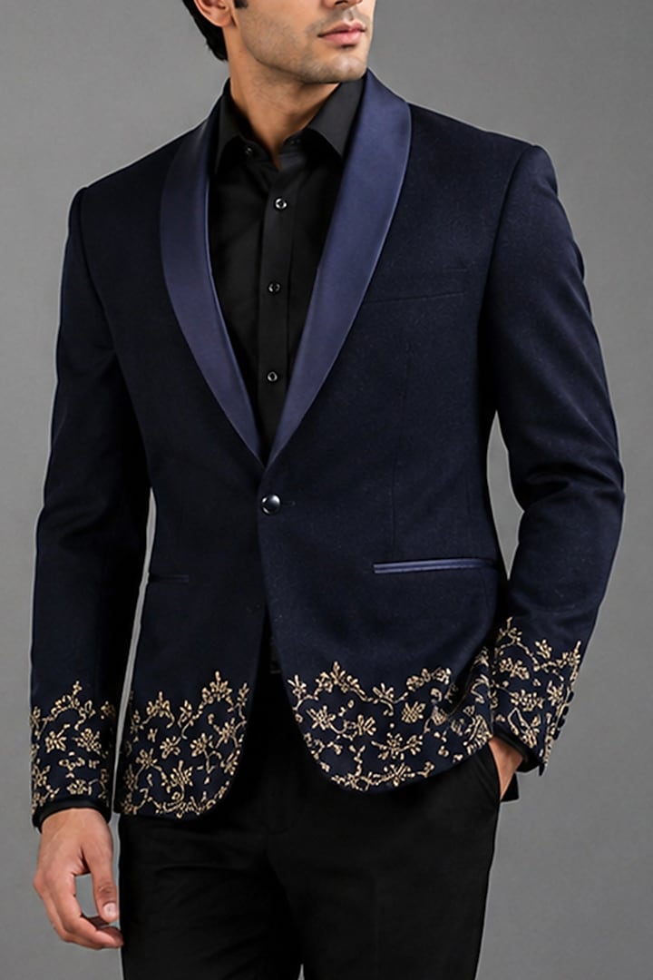 Dark Blue Suiting Embroidered Tuxedo Set by VAROIN MARWAH at Pernia's Pop Up Shop