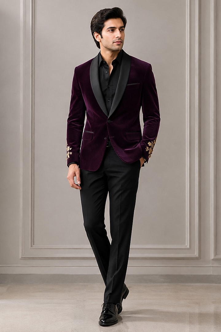Maroon Velvet Tuxedo by VAROIN MARWAH at Pernia's Pop Up Shop