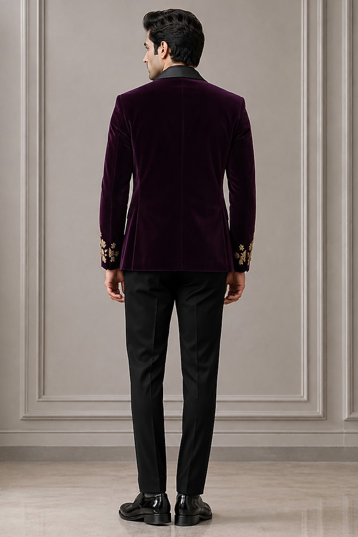 Maroon Velvet Tuxedo by VAROIN MARWAH at Pernia's Pop Up Shop