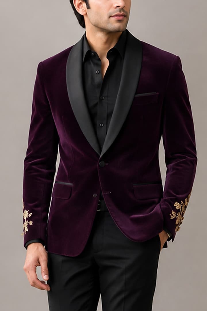 Maroon Velvet Tuxedo by VAROIN MARWAH at Pernia's Pop Up Shop