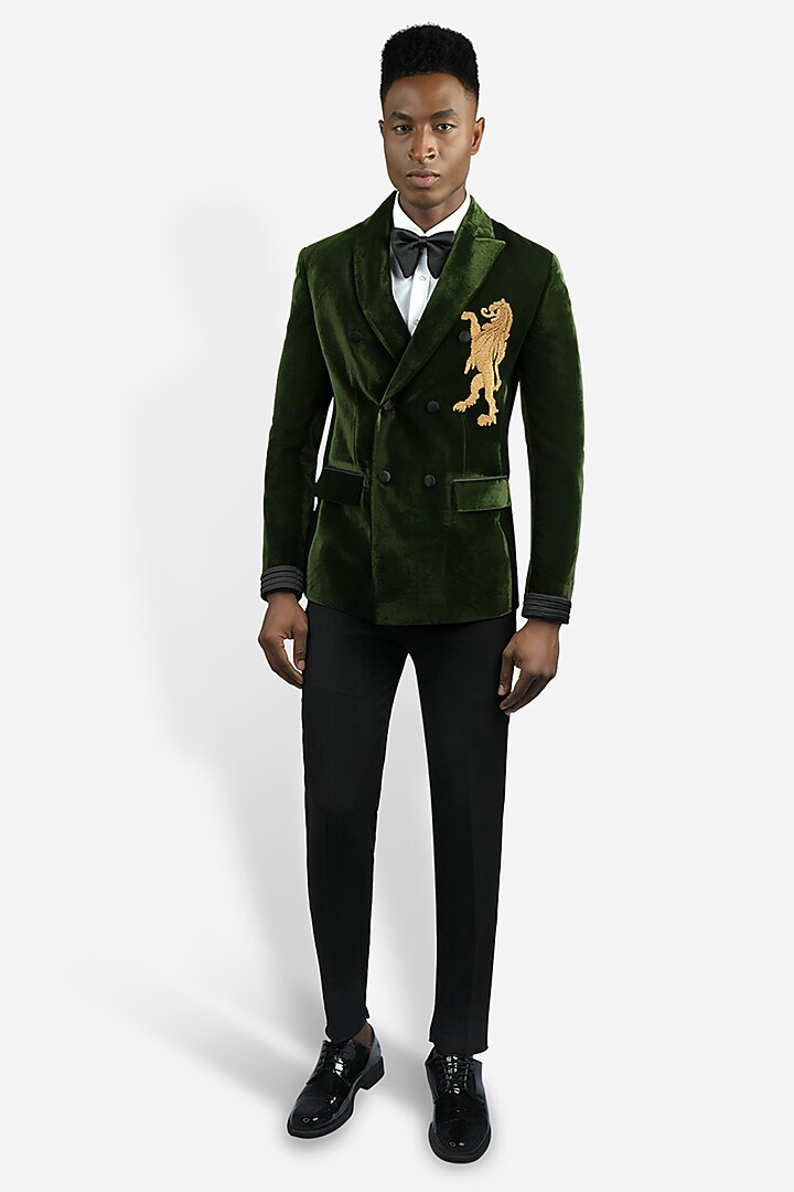 Green Velvet Blazer by VAROIN MARWAH at Pernia's Pop Up Shop