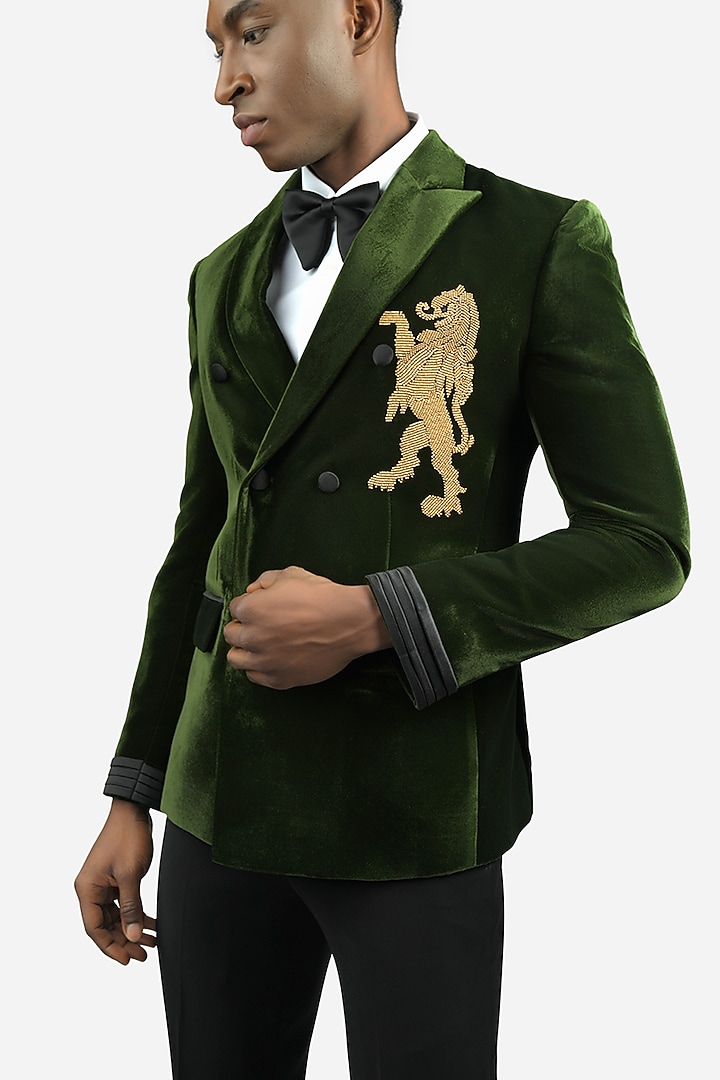 Green Velvet Blazer by VAROIN MARWAH at Pernia's Pop Up Shop