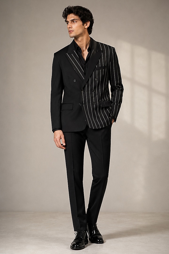 Black Suiting Stripe Blazer by VAROIN MARWAH at Pernia's Pop Up Shop