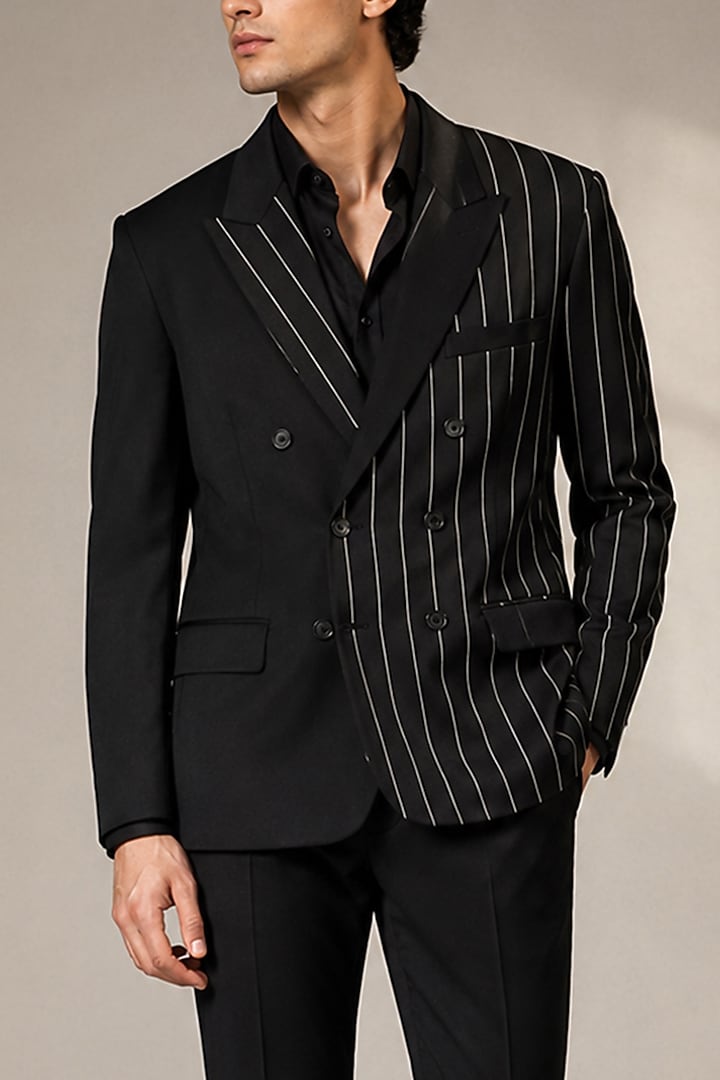 Black Suiting Stripe Blazer by VAROIN MARWAH at Pernia's Pop Up Shop