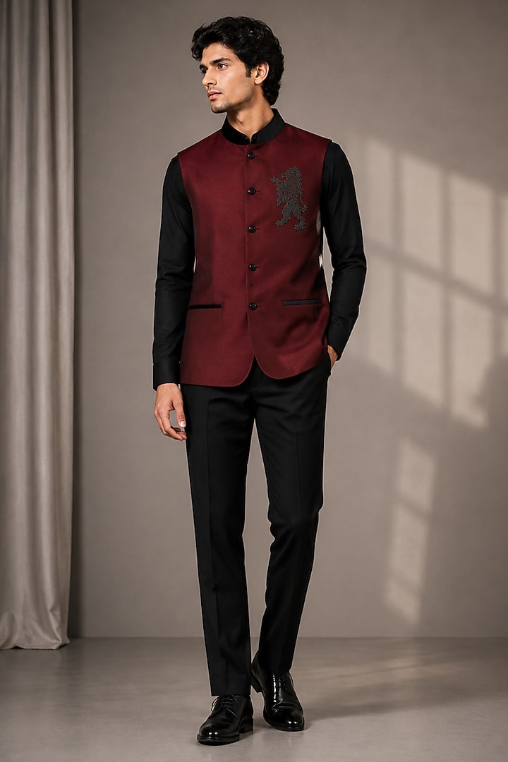 Maroon Velvet Bundi Jacket by VAROIN MARWAH at Pernia's Pop Up Shop