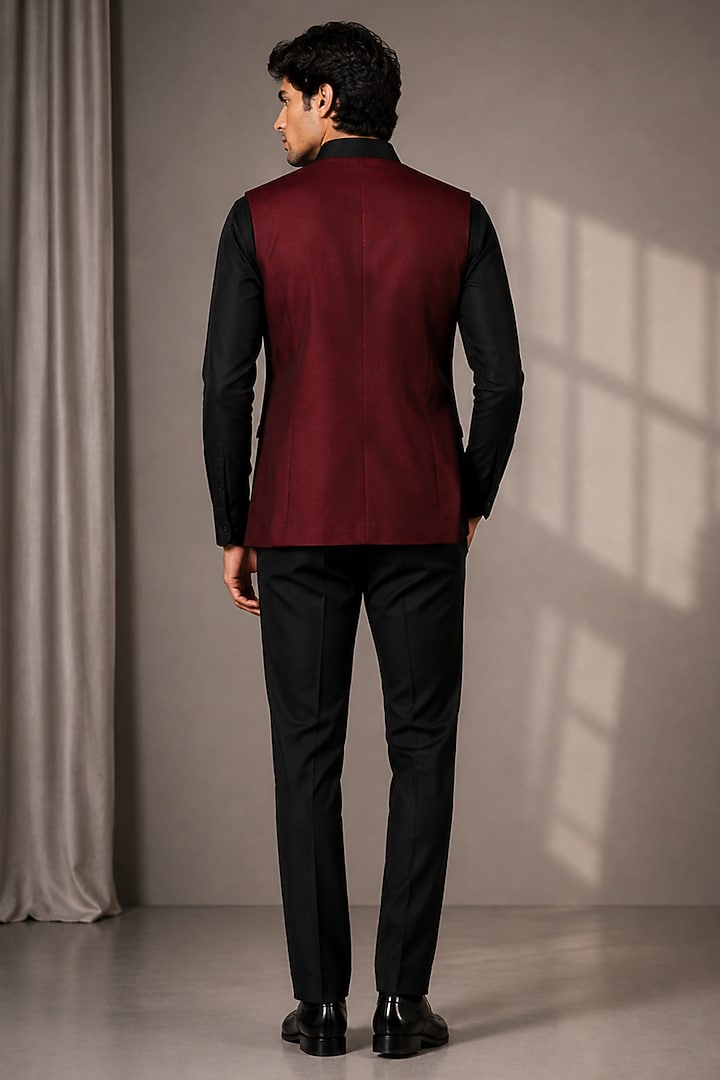Maroon Velvet Bundi Jacket by VAROIN MARWAH at Pernia's Pop Up Shop