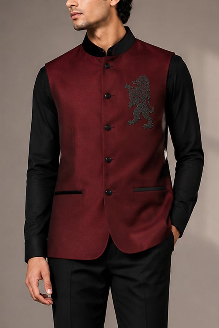 Maroon Velvet Bundi Jacket by VAROIN MARWAH at Pernia's Pop Up Shop