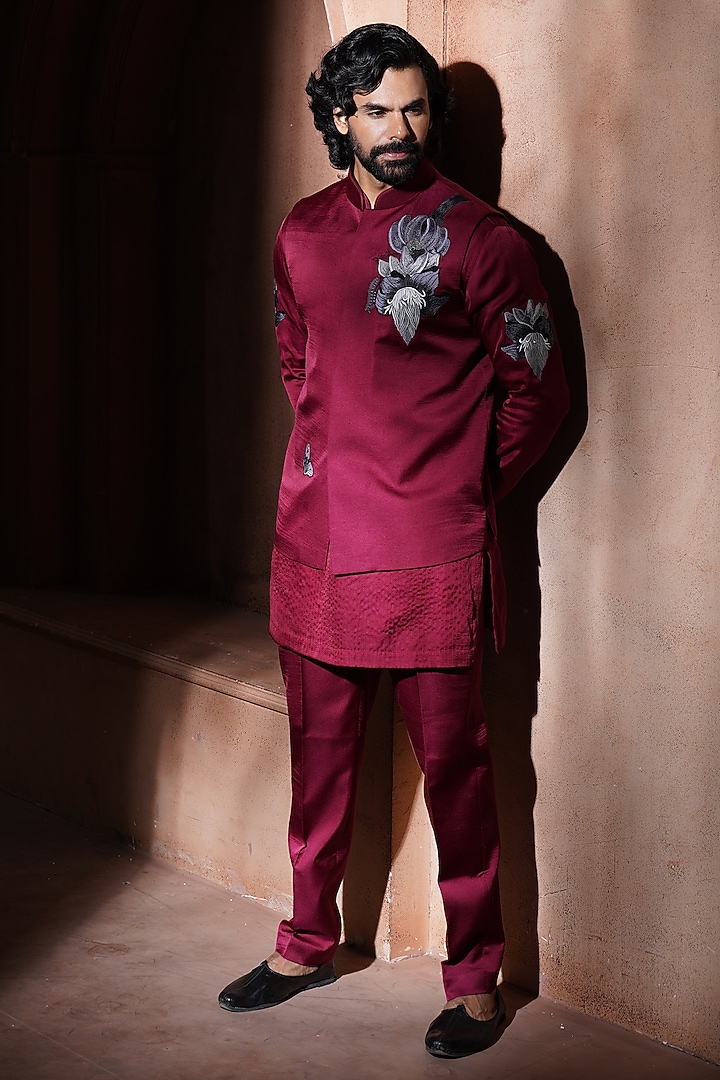 Maroon Velvet Nehru Jacket by VAROIN MARWAH at Pernia's Pop Up Shop