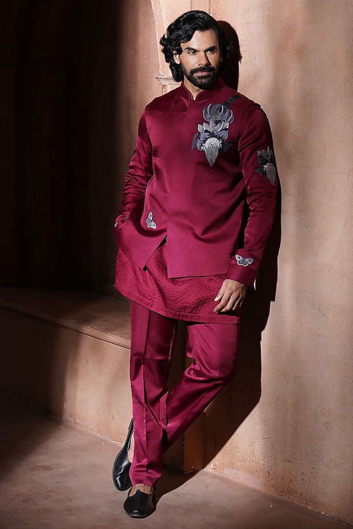 Maroon Velvet Nehru Jacket by VAROIN MARWAH at Pernia's Pop Up Shop