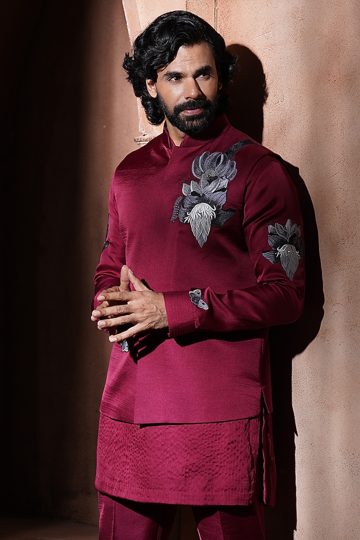 Maroon Velvet Nehru Jacket by VAROIN MARWAH at Pernia's Pop Up Shop