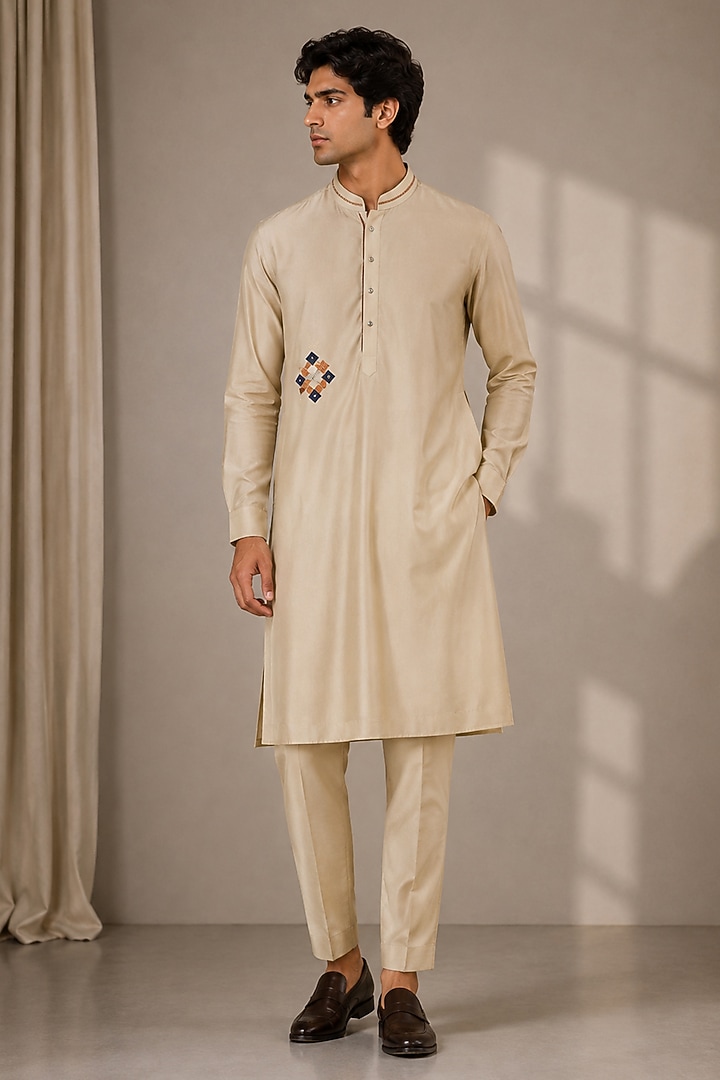 Beige Silk Embroidered Kurta by VAROIN MARWAH at Pernia's Pop Up Shop