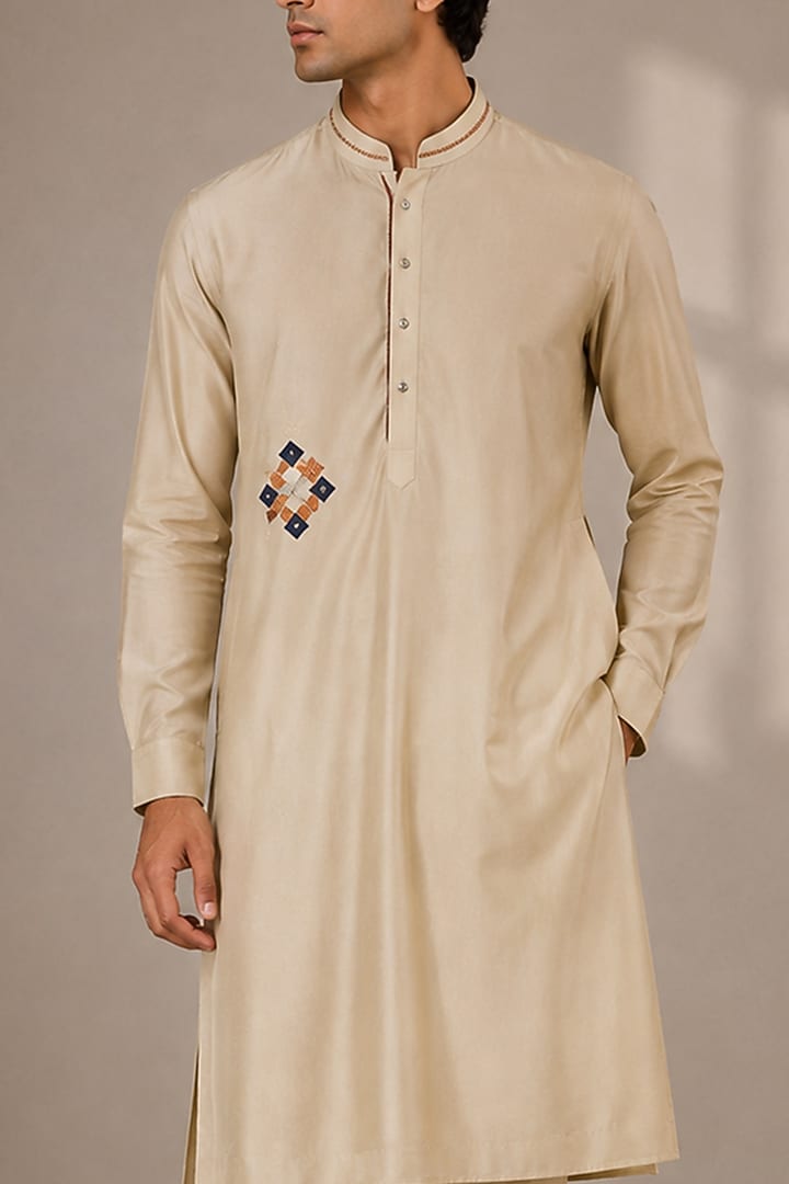 Beige Silk Embroidered Kurta by VAROIN MARWAH at Pernia's Pop Up Shop
