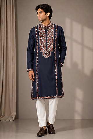 Blue Silk Floral Embroidered Kurta by varoin marwah