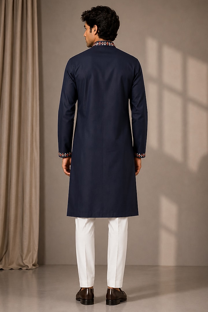 Blue Silk Floral Embroidered Kurta by VAROIN MARWAH at Pernia's Pop Up Shop
