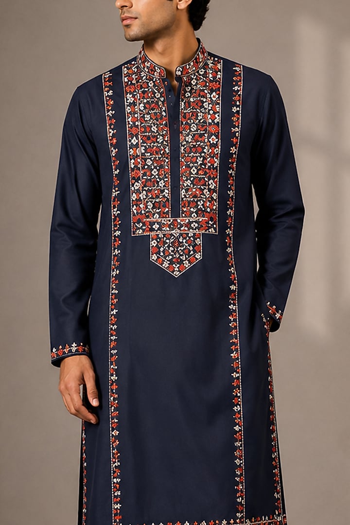Blue Silk Floral Embroidered Kurta by VAROIN MARWAH at Pernia's Pop Up Shop