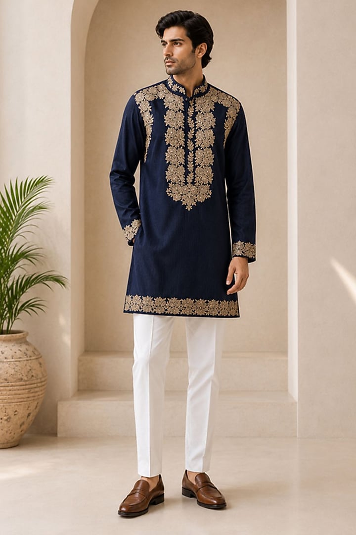 Navy Blue Silk Pitta Work Kurta by VAROIN MARWAH at Pernia's Pop Up Shop