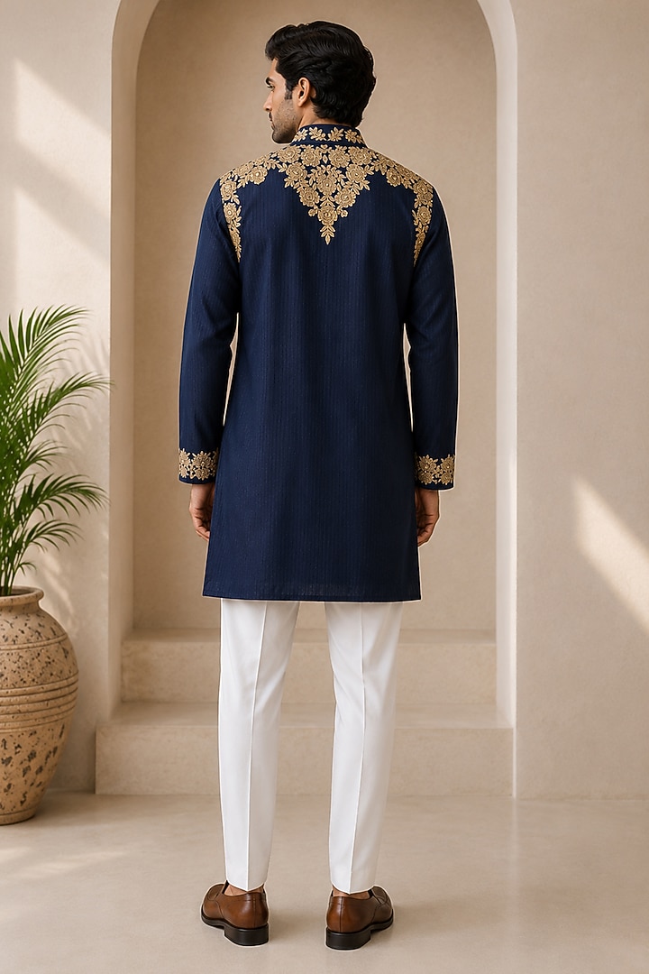 Navy Blue Silk Pitta Work Kurta by VAROIN MARWAH at Pernia's Pop Up Shop