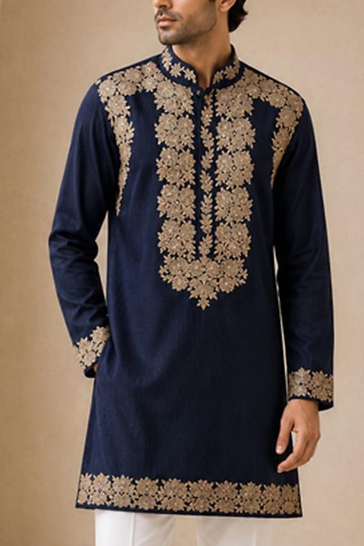 Navy Blue Silk Pitta Work Kurta by VAROIN MARWAH at Pernia's Pop Up Shop