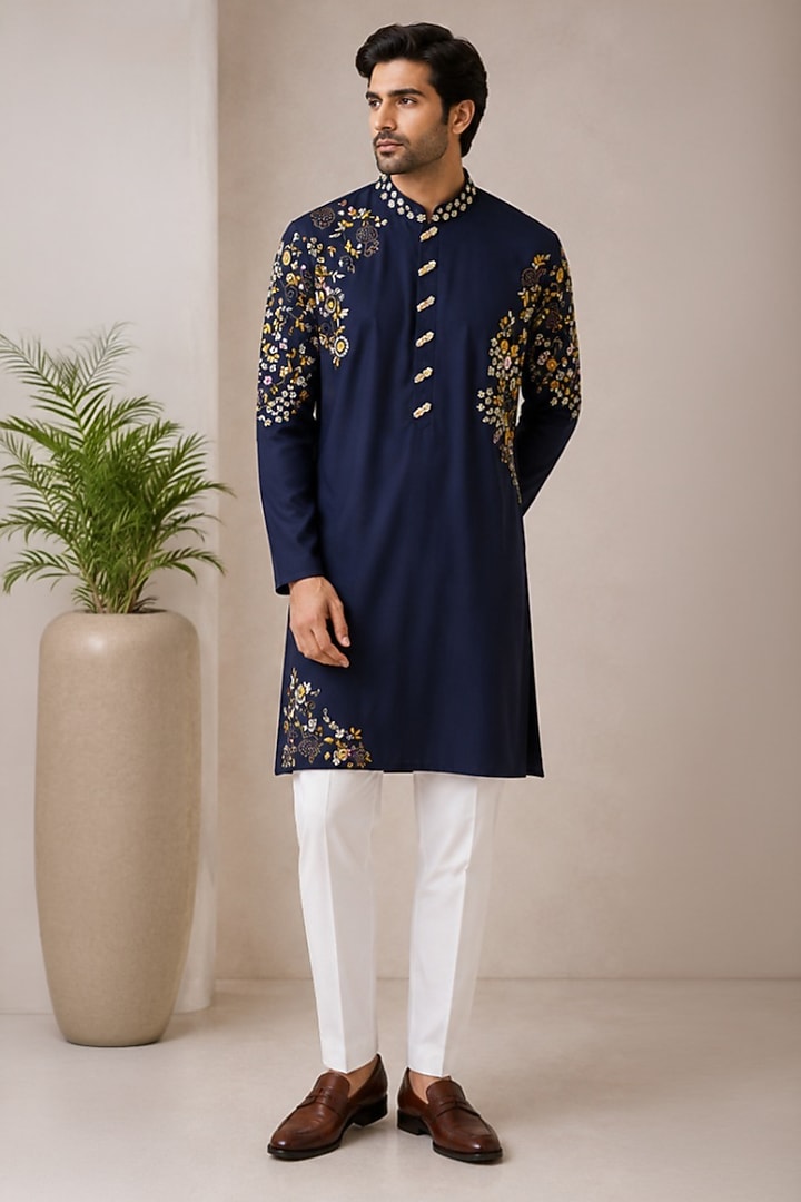 Blue Silk Floral Kurta Set by VAROIN MARWAH at Pernia's Pop Up Shop