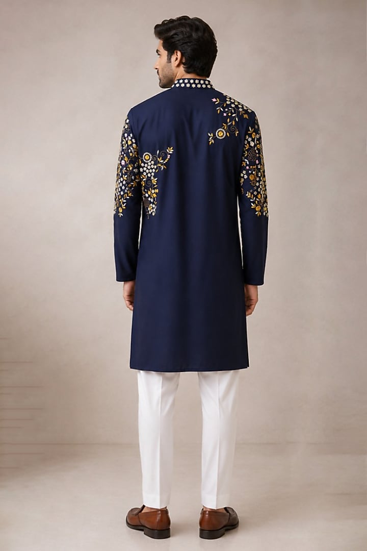 Blue Silk Floral Kurta Set by VAROIN MARWAH at Pernia's Pop Up Shop