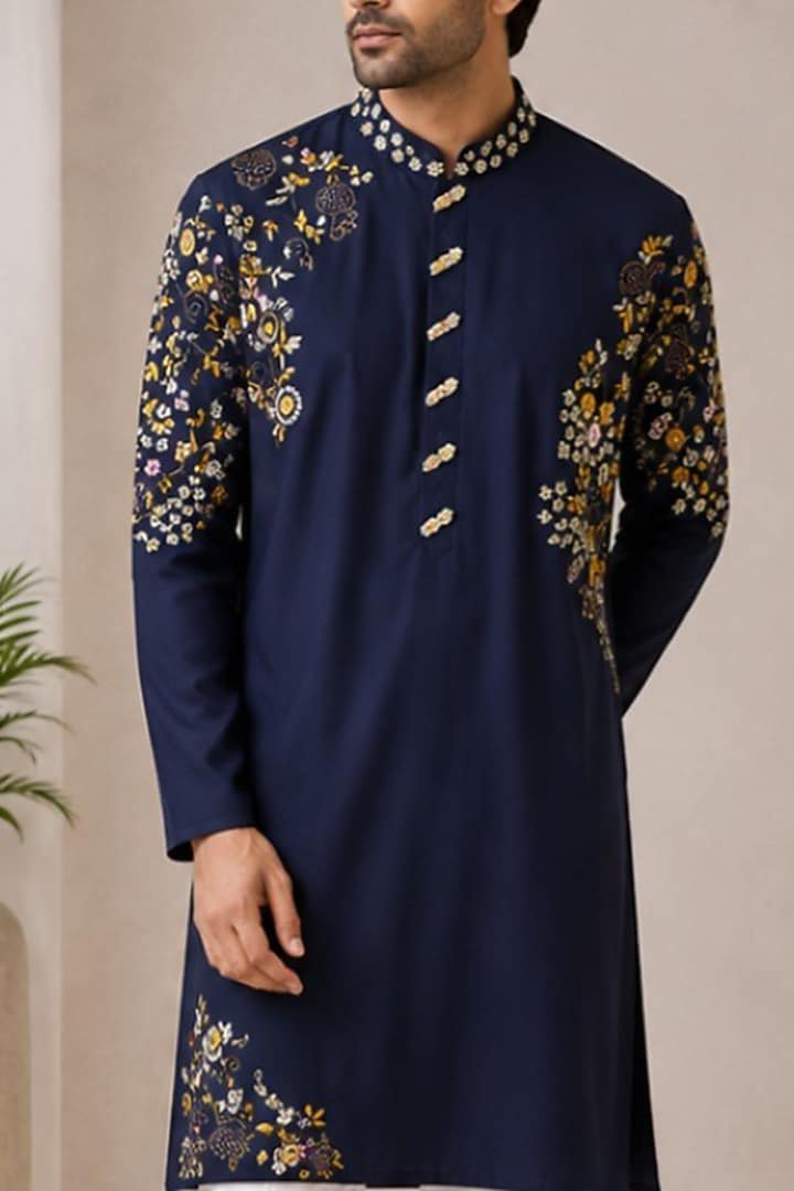 Blue Silk Floral Kurta Set by VAROIN MARWAH at Pernia's Pop Up Shop