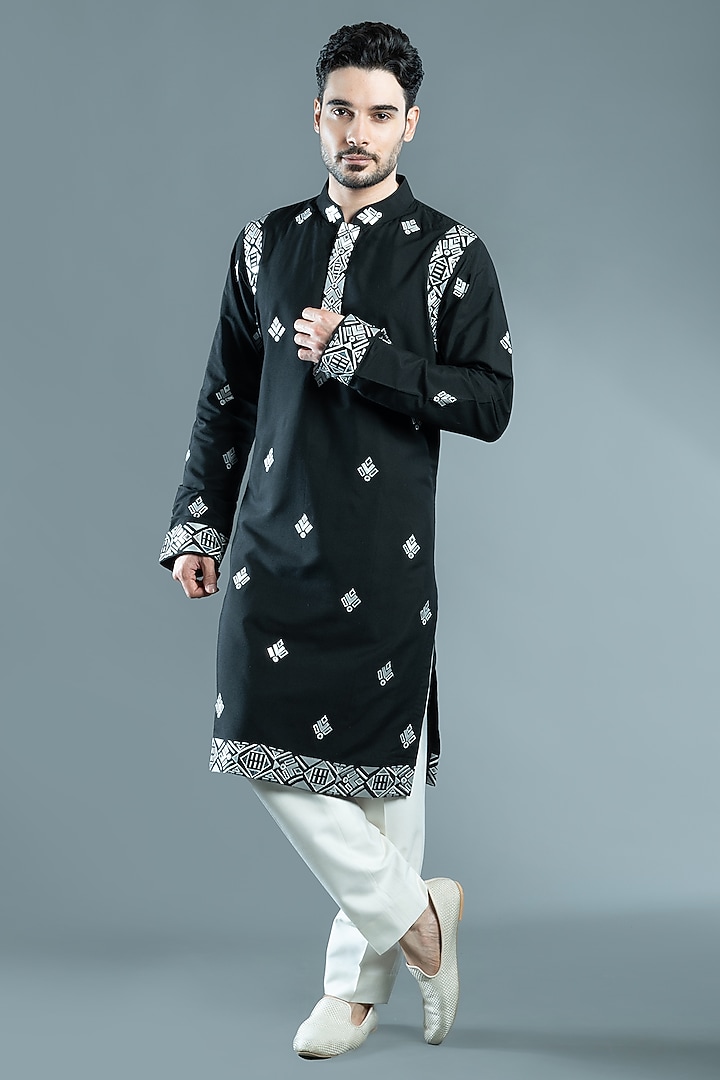 Black Silk Kurta Set by VAROIN MARWAH at Pernia's Pop Up Shop