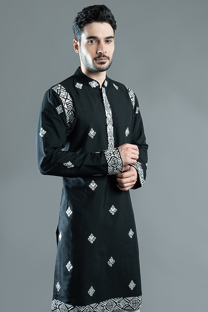 Black Silk Kurta Set by VAROIN MARWAH at Pernia's Pop Up Shop