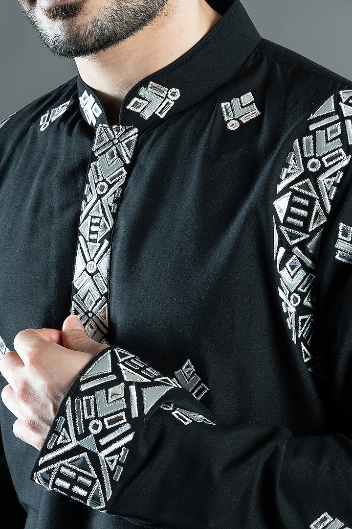 Black Silk Kurta Set by VAROIN MARWAH at Pernia's Pop Up Shop