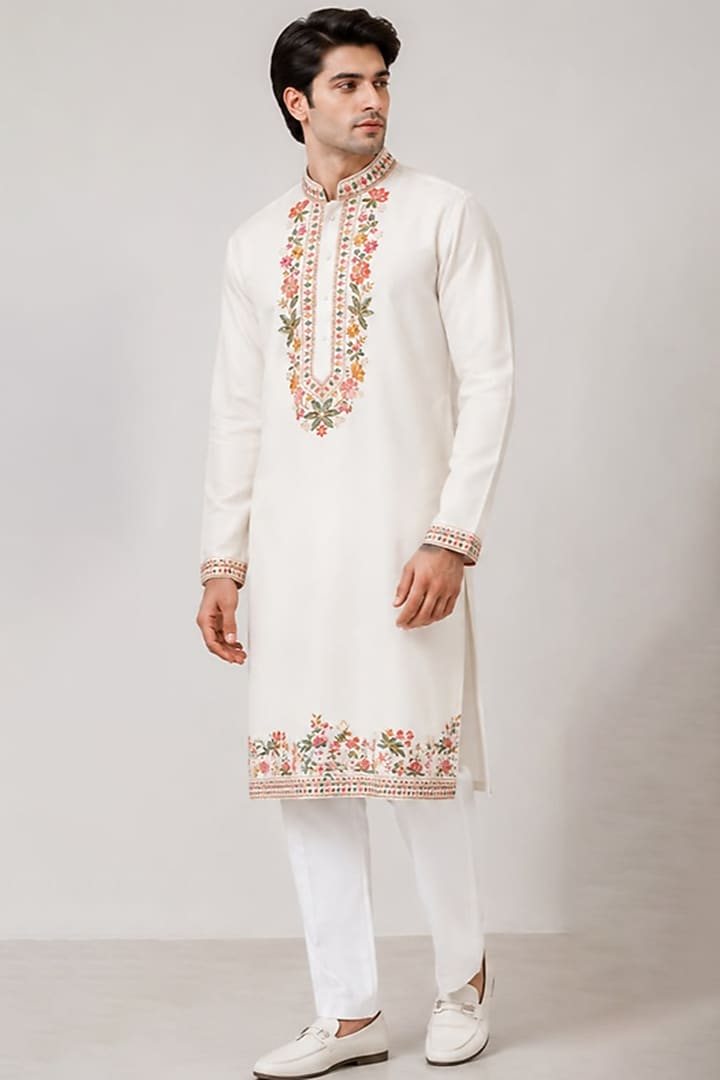 Off-White Silk Floral Embroidered Kurta by VAROIN MARWAH at Pernia's Pop Up Shop