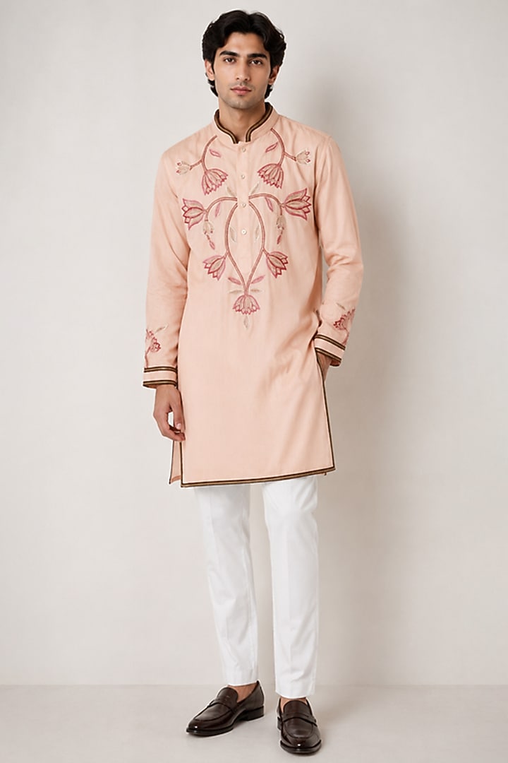 Peach Silk Lotus Embroidered Kurta Set by VAROIN MARWAH at Pernia's Pop Up Shop