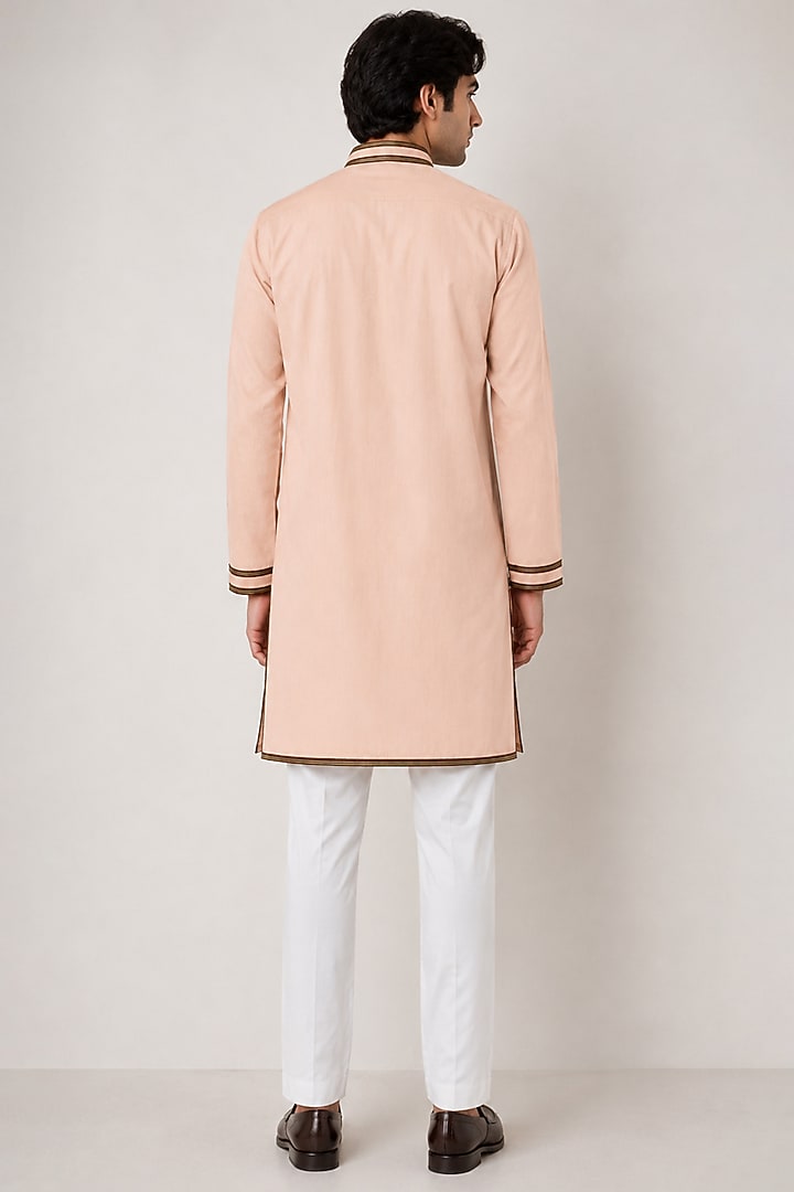 Peach Silk Lotus Embroidered Kurta Set by VAROIN MARWAH at Pernia's Pop Up Shop