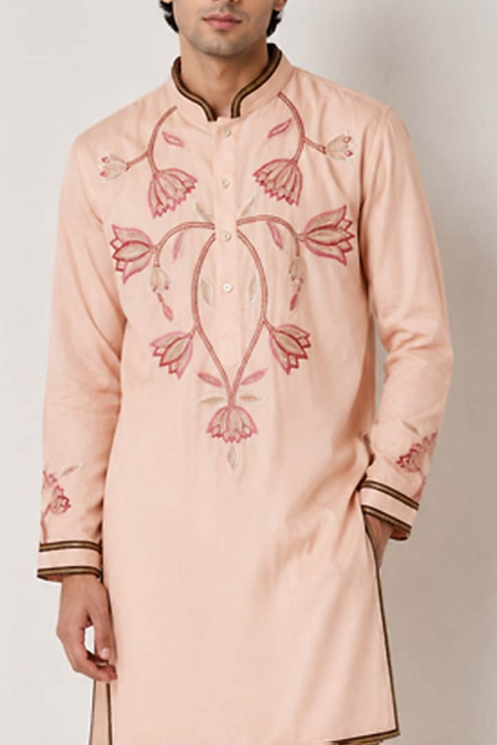Peach Silk Lotus Embroidered Kurta Set by VAROIN MARWAH at Pernia's Pop Up Shop