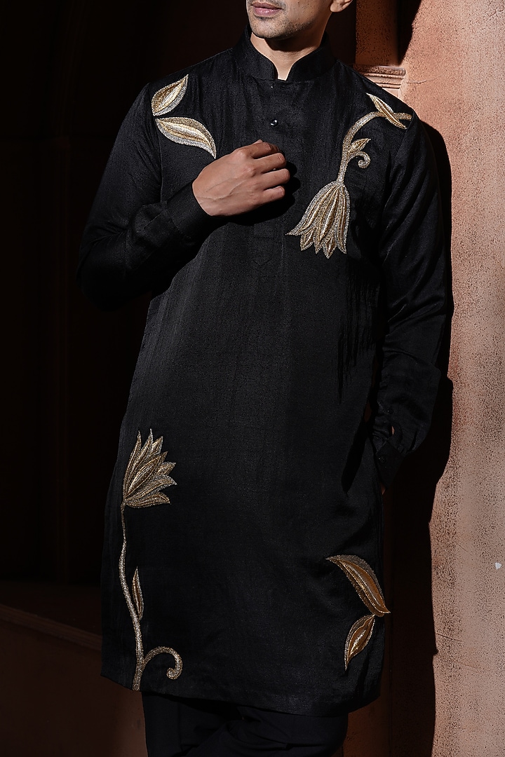 Black Silk Kurta Set by VAROIN MARWAH at Pernia's Pop Up Shop