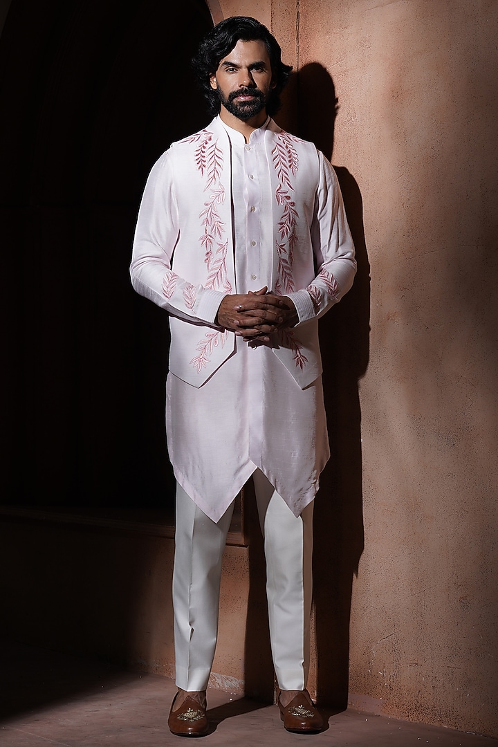 Blush Pink Silk Nehru Jacket Set by VAROIN MARWAH at Pernia's Pop Up Shop