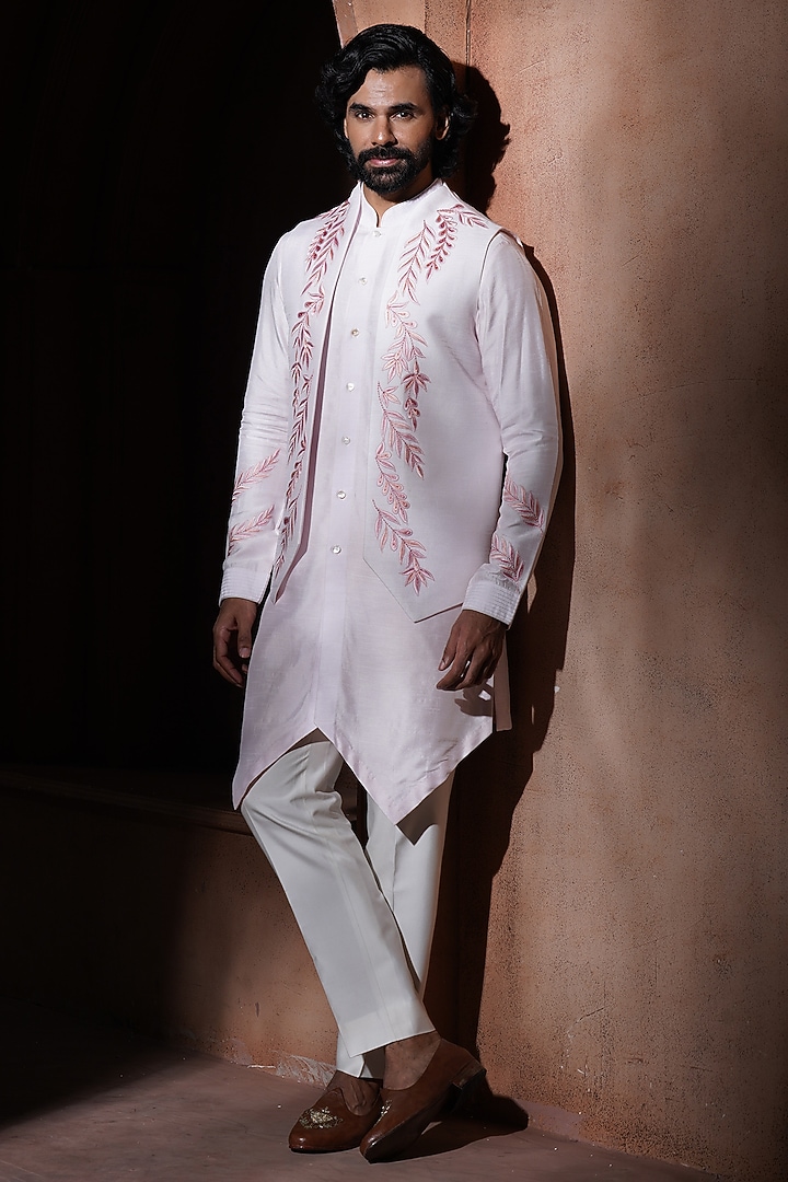 Blush Pink Silk Nehru Jacket Set by VAROIN MARWAH at Pernia's Pop Up Shop