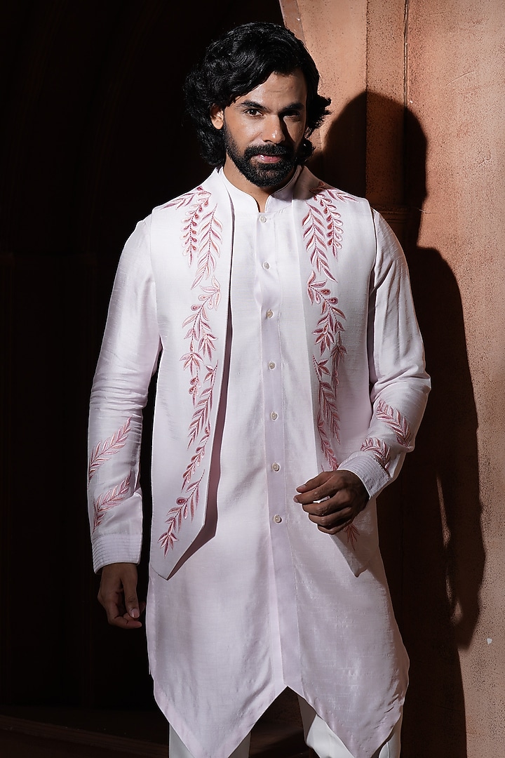 Blush Pink Silk Nehru Jacket Set by VAROIN MARWAH at Pernia's Pop Up Shop