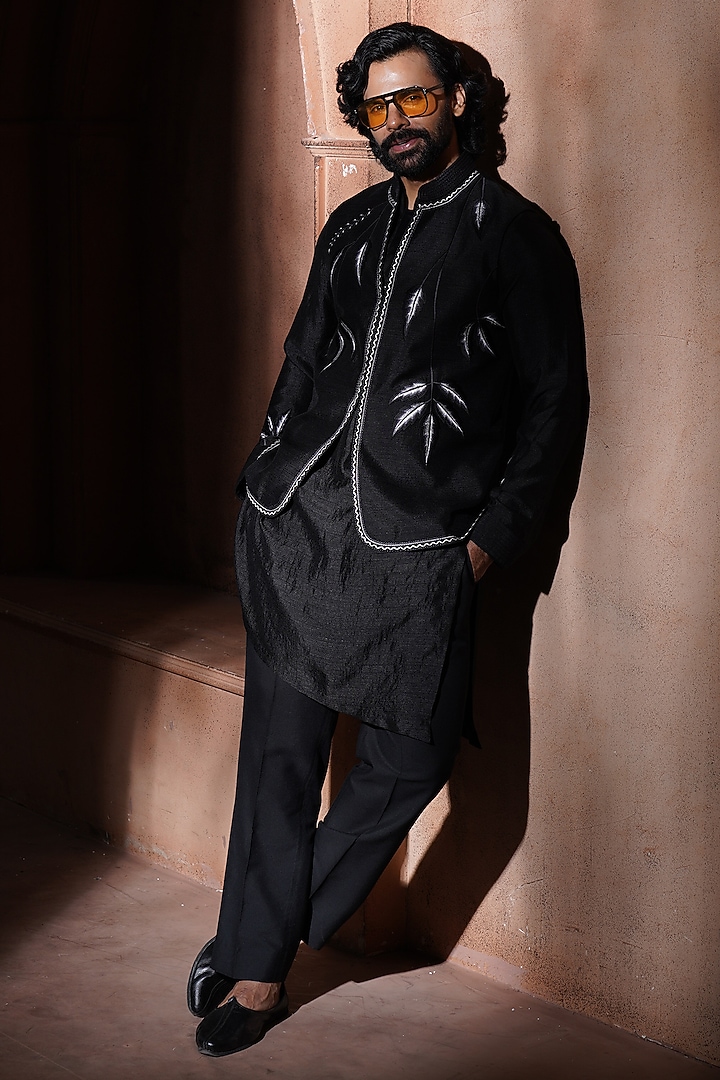 Black Silk Nehru Jacket Set by VAROIN MARWAH at Pernia's Pop Up Shop
